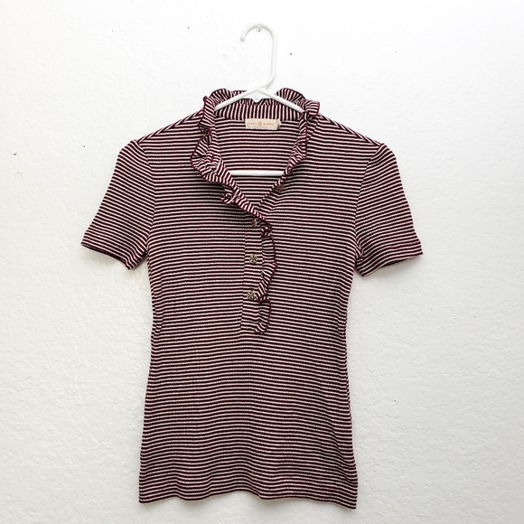Tory Burch red white stripe ruffle Lidia polo top - Picture 5 of 8